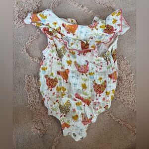 Mud Pie Floral and Pink Chicken Baby Romper with Buttons